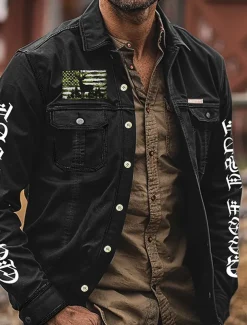 Men's American US Flag Patriotic Work Shirt Western Shirt Cargo Shirt Long Sleeve Vintage Casual Tactical Sports & Outdoor Going out Winter Spring & Fall Turndown Print Black