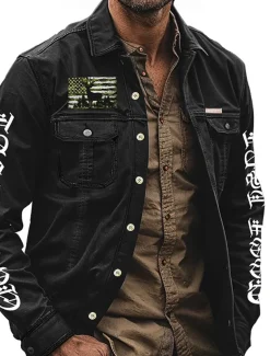 Men's American US Flag Patriotic Work Shirt Western Shirt Cargo Shirt Long Sleeve Vintage Casual Tactical Sports & Outdoor Going out Winter Spring & Fall Turndown Print Black