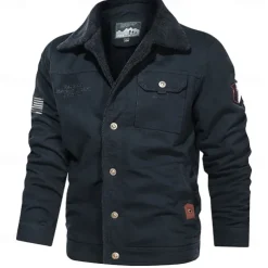 Men's American US Flag Print Embroidered Fleece Jacket Sherpa Trucker Jacket Work Cargo Jacket Turn-Down Collar Warm Winter Cotton Jacket Vintage Casual Going Out Coat Multi-Pockets