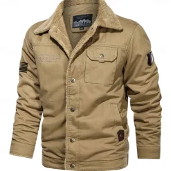 Men's American US Flag Print Embroidered Fleece Jacket Sherpa Trucker Jacket Work Cargo Jacket Turn-Down Collar Warm Winter Cotton Jacket Vintage Casual Going Out Coat Multi-Pockets