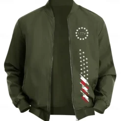 Men's American US Flag Stars Bomber Jacket Coat Casual Sports Outdoor Daily Wear Side Pockets Zip Front Graphic Fall Winter Standing Collar Long Sleeve Black Red Army Green