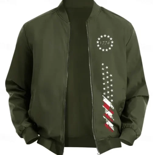 Men's American US Flag Stars Bomber Jacket Coat Casual Sports Outdoor Daily Wear Side Pockets Zip Front Graphic Fall Winter Standing Collar Long Sleeve Black Red Army Green