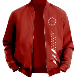 Men's American US Flag Stars Bomber Jacket Coat Casual Sports Outdoor Daily Wear Side Pockets Zip Front Graphic Fall Winter Standing Collar Long Sleeve Black Red Army Green