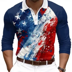 Men's American US Flag Veterans Polo Shirts Golf Shirt Long Sleeve Polo Shirts Collared Shirts Casual Streetwear Festival Wear Party Outfits Buttons 3D Print Spring & Summer Blue