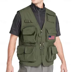 Men's American US Flag Waistcoat Gilet Fishing Vest Tactical Practical Removable Casual Sports Outdoor Fishing Photography Mesh Side Pockets Quick Dry Collarless Sleeveless Army Green Dark Blue