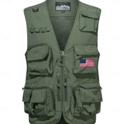 Men's American US Flag Waistcoat Gilet Fishing Vest Tactical Practical Removable Casual Sports Outdoor Fishing Photography Mesh Side Pockets Quick Dry Collarless Sleeveless Army Green Dark Blue