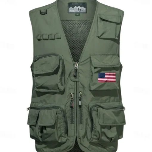 Men's American US Flag Waistcoat Gilet Fishing Vest Tactical Practical Removable Casual Sports Outdoor Fishing Photography Mesh Side Pockets Quick Dry Collarless Sleeveless Army Green Dark Blue