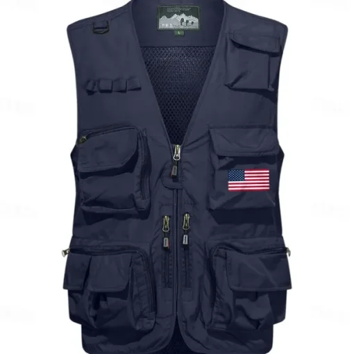 Men's American US Flag Waistcoat Gilet Fishing Vest Tactical Practical Removable Casual Sports Outdoor Fishing Photography Mesh Side Pockets Quick Dry Collarless Sleeveless Army Green Dark Blue