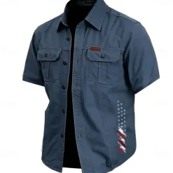 Men's American US Flag Work Shirt Western Shirt Cargo Shirt Short Sleeve Casual Tactical Sports Outdoor WorkWear Summer Spring Turndown Front Two Pockets Cotton Button Up Shirts Army Green Khaki Dark