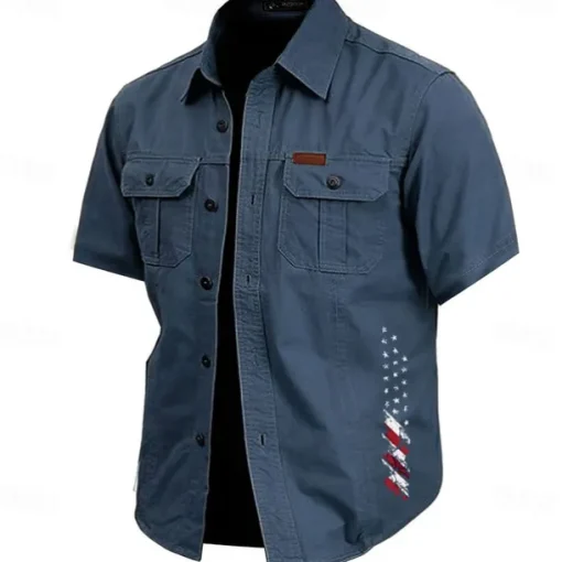 Men's American US Flag Work Shirt Western Shirt Cargo Shirt Short Sleeve Casual Tactical Sports Outdoor WorkWear Summer Spring Turndown Front Two Pockets Cotton Button Up Shirts Army Green Khaki Dark