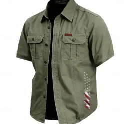 Men's American US Flag Work Shirt Western Shirt Cargo Shirt Short Sleeve Casual Tactical Sports Outdoor WorkWear Summer Spring Turndown Front Two Pockets Cotton Button Up Shirts Army Green Khaki Dark