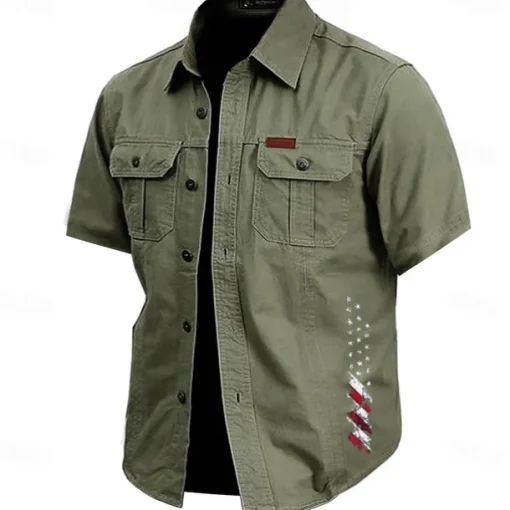 Men's American US Flag Work Shirt Western Shirt Cargo Shirt Short Sleeve Casual Tactical Sports Outdoor WorkWear Summer Spring Turndown Front Two Pockets Cotton Button Up Shirts Army Green Khaki Dark