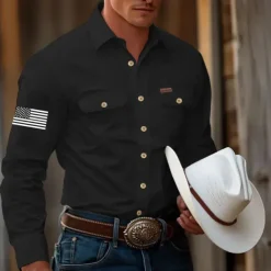 Men's American US Flag Work Shirt Western Shirt Cargo Shirt Long Sleeve Tactical Vintage Retro Sports Outdoor WorkWear Spring Fall Turndown Front Two Pockets Button Up Shirts Black White Army Green