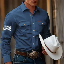 Men's American US Flag Work Shirt Western Shirt Cargo Shirt Long Sleeve Tactical Vintage Retro Sports Outdoor WorkWear Spring Fall Turndown Front Two Pockets Button Up Shirts Black White Army Green