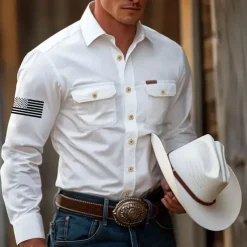 Men's American US Flag Work Shirt Western Shirt Cargo Shirt Long Sleeve Tactical Vintage Retro Sports Outdoor WorkWear Spring Fall Turndown Front Two Pockets Button Up Shirts Black White Army Green