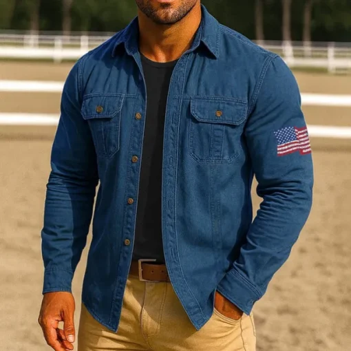 Men's American US Flag Work Shirt Western Shirt Cargo Shirt Long Sleeve Casual Tactical Sports Outdoor WorkWear Spring Fall Turndown Front Two Pockets Button Up Shirts Black Army Green Red Blue Orange