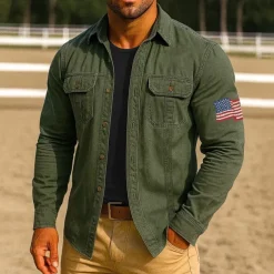 Men's American US Flag Work Shirt Western Shirt Cargo Shirt Long Sleeve Casual Tactical Sports Outdoor WorkWear Spring Fall Turndown Front Two Pockets Button Up Shirts Black Army Green Red Blue Orange