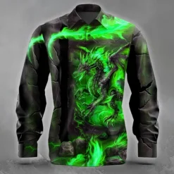 Men's Animal Dragon Ripped Shirt Button Up Shirt Long Sleeve Dark Punk Gothic Style Holiday Streetwear Summer Spring Turndown 3D Print Collared Shirts Yellow Purple Orange Green