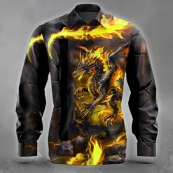 Men's Animal Dragon Ripped Shirt Button Up Shirt Long Sleeve Dark Punk Gothic Style Holiday Streetwear Summer Spring Turndown 3D Print Collared Shirts Yellow Purple Orange Green