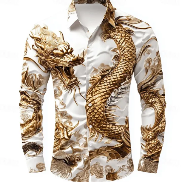 Men's Animal Dragon Shirt Button Up Shirt Long Sleeve Fashion Casual Vacation Daily Streetwear Summer Spring Turndown 3D Print Collared Shirts White Brown
