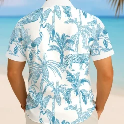 Men's Animal Flamingo Coconut Tree Summer Hawaiian Shirt Button Up Shirt Aloha Shirt Short Sleeve Hawaiian Holiday Beach Wear Summer Spring Turndown 3D Print Collared Shirts Front One Pocket Blue