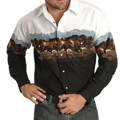 Men's Animal Horse Graphic Prints Shirt Western Shirt Cowboy Shirt Long Sleeve Fashion Designer Casual Outdoor Daily Fall & Winter Turndown Print Button-Down White Black / Green Light Green Black