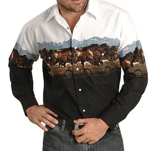 Men's Animal Horse Graphic Prints Shirt Western Shirt Cowboy Shirt Long Sleeve Fashion Designer Casual Outdoor Daily Fall & Winter Turndown Print Button-Down White Black / Green Light Green Black