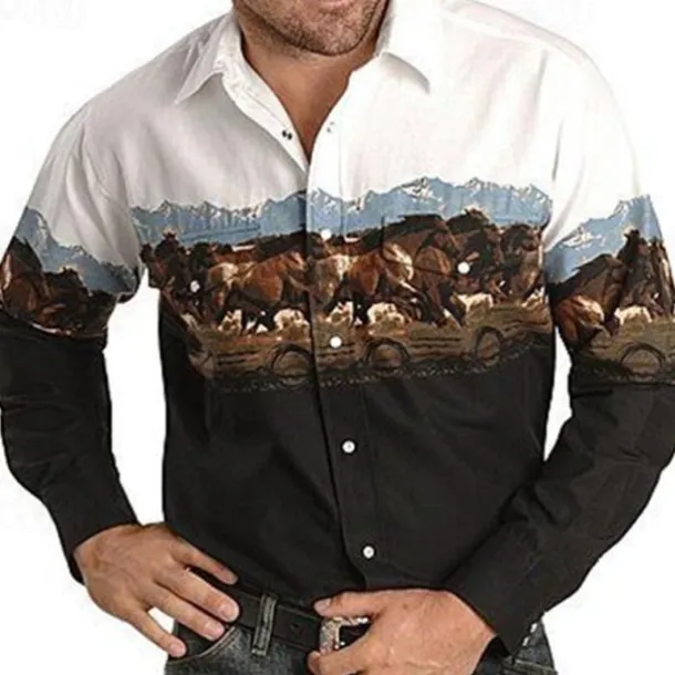 Men's Animal Horse Graphic Prints Shirt Western Shirt Cowboy Shirt Long Sleeve Fashion Designer Casual Outdoor Daily Fall & Winter Turndown Print Button-Down White Black / Green Light Green Black