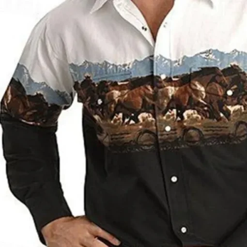 Men's Animal Horse Graphic Prints Shirt Western Shirt Cowboy Shirt Long Sleeve Fashion Designer Casual Outdoor Daily Fall & Winter Turndown Print Button-Down White Black / Green Light Green Black