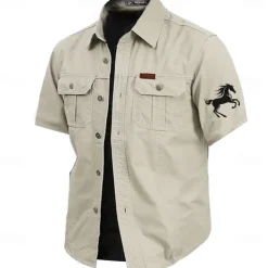 Men's Animal Horse Work Shirt Western Shirt Cargo Shirt Short Sleeve Casual Tactical Sports Outdoor WorkWear Summer Spring Turndown Front Two Pockets Cotton Button Up Shirts Army Green Khaki Dark