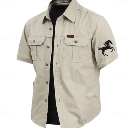 Men's Animal Horse Work Shirt Western Shirt Cargo Shirt Short Sleeve Casual Tactical Sports Outdoor WorkWear Summer Spring Turndown Front Two Pockets Cotton Button Up Shirts Army Green Khaki Dark