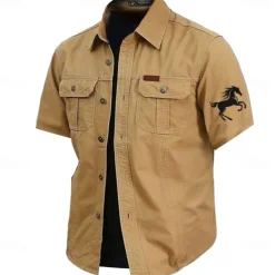 Men's Animal Horse Work Shirt Western Shirt Cargo Shirt Short Sleeve Casual Tactical Sports Outdoor WorkWear Summer Spring Turndown Front Two Pockets Cotton Button Up Shirts Army Green Khaki Dark