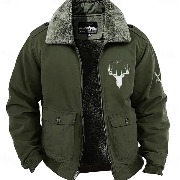 Men's Animal Reindeer Embroidered Fleece Jacket Cargo Jacket Long Sleeve Military Tactical Thermal Warm Coat Vintage Casual Style Cotton Bomber Jacket with Turn-down Collar khaki Army Green Dark Blue