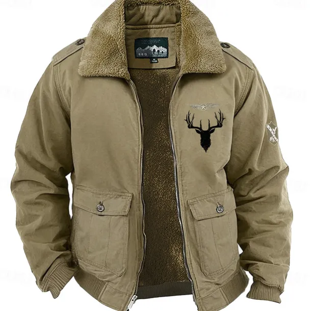 Men's Animal Reindeer Embroidered Fleece Jacket Cargo Jacket Long Sleeve Military Tactical Thermal Warm Coat Vintage Casual Style Cotton Bomber Jacket with Turn-down Collar khaki Army Green Dark Blue