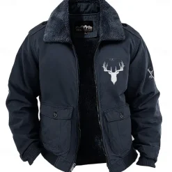 Men's Animal Reindeer Embroidered Fleece Jacket Cargo Jacket Long Sleeve Military Tactical Thermal Warm Coat Vintage Casual Style Cotton Bomber Jacket with Turn-down Collar khaki Army Green Dark Blue