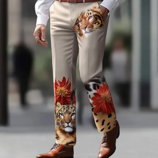 Men's Animal Tiger Dress Pants Trousers Suit Pants Mid Waist Vintage Retro Vacation Casual Regular Fit Flat-Front Straight Leg Pants with Pockets Summer Spring Fall 3D Print Orange khaki