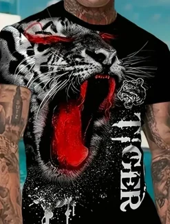 Men's Animal Tiger 2pcs Tees sets Summer Tops Short Sleeve Short Pants Crew Neck Sport Casual Trendy Outdoor Casual Daily 3D Print Summer Blue Red