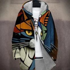 Men's Animal Winter Coat Fleece Jacket Coat Thermal Warm Comfortable Casual Daily Wear Zipper Pocket 3D Print Fall Winter Hooded Long Sleeve Red Blue Brown