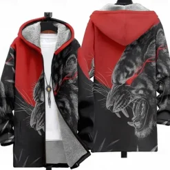 Men's Animal Winter Coat Fleece Jacket Coat Thermal Warm Comfortable Casual Daily Wear Zipper Pocket 3D Print Fall Winter Hooded Long Sleeve Red Blue Brown