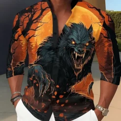 Men's Animal Wolf Devil Shirt Stand Collar Shirt Long Sleeve Dark Punk Gothic Style Holiday Spring Fall Mandarin Collar Band Collar 3D Print Button Up Shirts Blue Orange