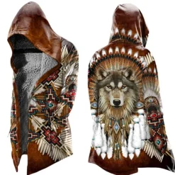 Men's Animal Wolf Graphic Prints Winter Coat Fleece Jacket Coat Warm Breathable Comfortable Streetwear Vintage Style Casual Daily Sports & Outdoor Daily Wear Going out Zipper Pocket Print Fall
