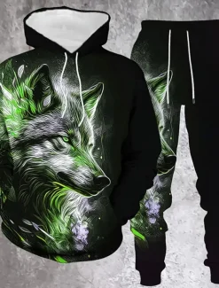 Men's Animal Wolf 2pcs 3D Sweatshirt Sets Tracksuit Hoodie Sweatshirt Long Sleeve Long pants Hooded Casual Daily Athleisure Daily Wear 3D Print Spring Fall Winter Orange Green