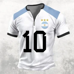 Men's Argentina Soccer T shirt Short Sleeve T shirt 3D Print Half Zip Shirt Retro Vintage Street Casual Daily Light Blue White Summer Spring Clothing Apparel S M L XL XXL XXXL