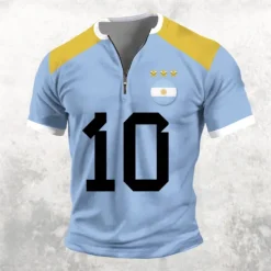 Men's Argentina Soccer T shirt Short Sleeve T shirt 3D Print Half Zip Shirt Retro Vintage Street Casual Daily Light Blue White Summer Spring Clothing Apparel S M L XL XXL XXXL