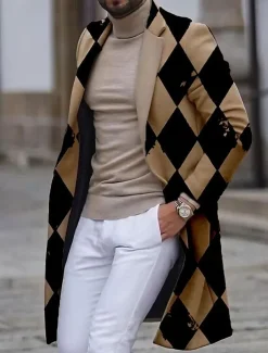 Men's Argyle Winter Coat Overcoat Coat Warm Breathable Comfortable Business Work Wear to work Going out Pocket Print Fall & Winter Stand Collar Long Sleeve White Blue Purple