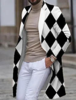 Men's Argyle Winter Coat Overcoat Coat Warm Breathable Comfortable Business Work Wear to work Going out Pocket Print Fall & Winter Stand Collar Long Sleeve White Blue Purple