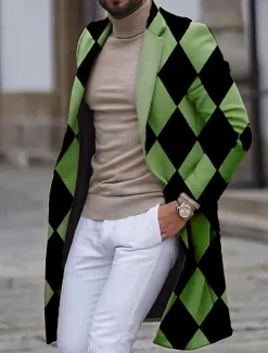 Men's Argyle Winter Coat Overcoat Coat Warm Breathable Comfortable Business Work Wear to work Going out Pocket Print Fall & Winter Stand Collar Long Sleeve White Blue Purple