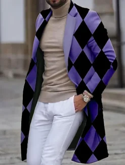 Men's Argyle Winter Coat Overcoat Coat Warm Breathable Comfortable Business Work Wear to work Going out Pocket Print Fall & Winter Stand Collar Long Sleeve White Blue Purple