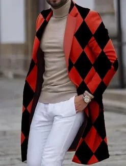 Men's Argyle Winter Coat Overcoat Coat Warm Breathable Comfortable Business Work Wear to work Going out Pocket Print Fall & Winter Stand Collar Long Sleeve White Blue Purple