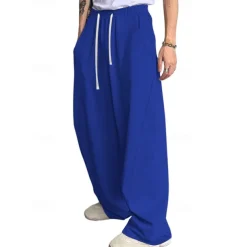 Men's Athletic Pants Wide Leg Sweatpants Trousers Drawstring Elastic Waist Plain Comfort Breathable Casual Daily Holiday Sports Fashion Dark Brown Black